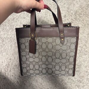 Coach Brown Leather Trim Signature Tote - Khaki/Chestnut